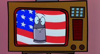 Movie still from “Bowling for Columbine” (2002), directed by Michael Moore – A television screen with an american flag on it; Extreme Close Up shot, Low angle