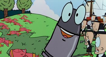 Movie still from “Bowling for Columbine” (2002), directed by Michael Moore – Picture of a cartoon character; Extreme Wide shot, Low angle