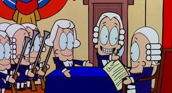 Movie still from “Bowling for Columbine” (2002), directed by Michael Moore – A group of people standing next to each other in front of a table; Medium shot, High angle