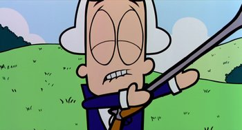 Movie still from “Bowling for Columbine” (2002), directed by Michael Moore – A cartoon character with a gun; Close Up shot, Low angle