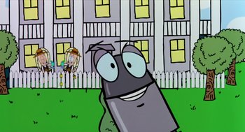 Movie still from “Bowling for Columbine” (2002), directed by Michael Moore – A cartoon character with a building in the background; Extreme Wide shot, Low angle