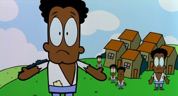 Movie still from “Bowling for Columbine” (2002), directed by Michael Moore – A cartoon of a man pointing to a group of people; Medium shot, Low angle