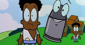 Movie still from “Bowling for Columbine” (2002), directed by Michael Moore – A cartoon of a man standing next to a trash can; Close Up shot, Low angle