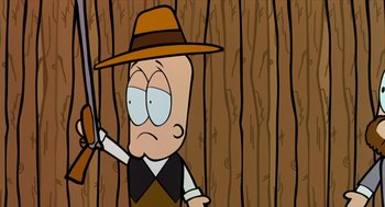 Movie still from “Bowling for Columbine” (2002), directed by Michael Moore – A cartoon character holding a pair of shears; Close Up shot, Low angle