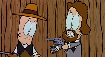 Movie still from “Bowling for Columbine” (2002), directed by Michael Moore – Two cartoon characters one of which is holding a gun and the other of which is holding a revolver; Medium shot, Over the shoulder angle