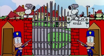 Movie still from “Bowling for Columbine” (2002), directed by Michael Moore – A painting of a gated area with a camera and a sign; Extreme Wide shot, High angle