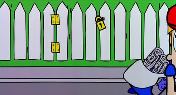 Movie still from “Bowling for Columbine” (2002), directed by Michael Moore – A painting of a fence with a padlock on it's side; Wide shot, High angle