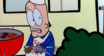Movie still from “Bowling for Columbine” (2002), directed by Michael Moore – A cartoon character holding a fork; Medium shot, High angle