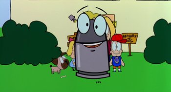 Movie still from “Bowling for Columbine” (2002), directed by Michael Moore – A cartoon of a girl with big eyes and a dog in the background; Extreme Close Up shot, Low angle