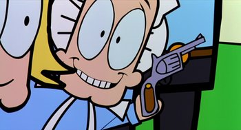 Movie still from “Bowling for Columbine” (2002), directed by Michael Moore – A cartoon character holding a wrench; Extreme Close Up shot, High angle