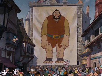 Movie still from “Brave Little Tailor” (1938), directed by Burt Gillett – An animated picture of a giant cartoon character in front of a crowd of onlookers; Wide shot, Low angle