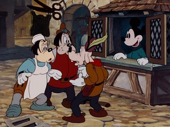 Movie still from “Brave Little Tailor” (1938), directed by Burt Gillett – A group of people standing next to each other in a room; Medium shot, Over the shoulder angle