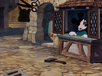 Movie still from “Brave Little Tailor” (1938), directed by Burt Gillett – A painting of mickey mouse sitting at a window; Wide shot, Low angle