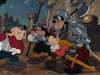 Movie still from “Brave Little Tailor” (1938), directed by Burt Gillett – A group of cartoon characters are fighting each other; Medium shot, Over the shoulder angle