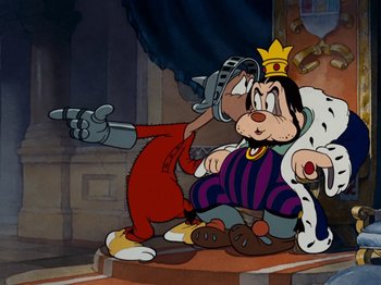 Movie still from “Brave Little Tailor” (1938), directed by Burt Gillett – A goofy cartoon character sitting next to another cartoon character; Medium shot, Over the shoulder angle