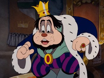 Movie still from “Brave Little Tailor” (1938), directed by Burt Gillett – A cartoon character wearing a crown; Medium shot, High angle