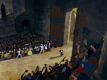 Movie still from “Brave Little Tailor” (1938), directed by Burt Gillett – An animated scene of a crowd of people in front of a castle; Extreme Wide shot, High angle