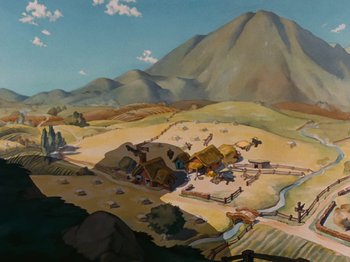 Movie still from “Brave Little Tailor” (1938), directed by Burt Gillett – A painting of a farm in the middle of a valley; Extreme Wide shot, High angle