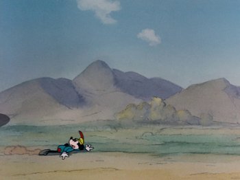 Movie still from “Brave Little Tailor” (1938), directed by Burt Gillett – A painting of a person laying in the sand; Extreme Wide shot, High angle