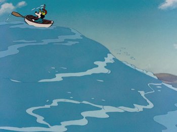 Movie still from “Brave Little Tailor” (1938), directed by Burt Gillett – A person on a surfboard in the water; Extreme Wide shot, Low angle