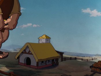 Movie still from “Brave Little Tailor” (1938), directed by Burt Gillett – An animated picture of a house with a yellow roof; Wide shot, Low angle