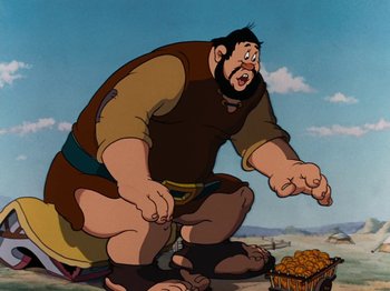 Movie still from “Brave Little Tailor” (1938), directed by Burt Gillett – An animated picture of a man squatting in front of a pile of food; Medium shot, Low angle