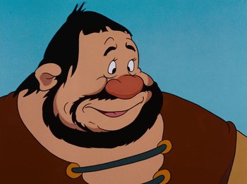 Movie still from “Brave Little Tailor” (1938), directed by Burt Gillett – An animated picture of a man with a beard and mustache; Close Up shot, Over the shoulder angle