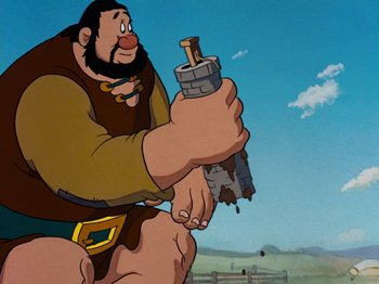 Movie still from “Brave Little Tailor” (1938), directed by Burt Gillett – An animated picture of a man holding a gun in his hand; Medium shot, Low angle