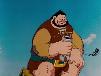 Movie still from “Brave Little Tailor” (1938), directed by Burt Gillett – An animated picture of a man holding a beer bottle; Medium shot, Low angle