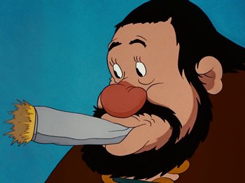 Movie still from “Brave Little Tailor” (1938), directed by Burt Gillett – An animated picture of a man holding a knife in his mouth; Close Up shot, Over the shoulder angle