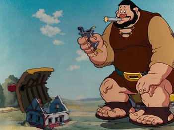 Movie still from “Brave Little Tailor” (1938), directed by Burt Gillett – An animated scene of a man holding a pair of shears; Wide shot, Low angle