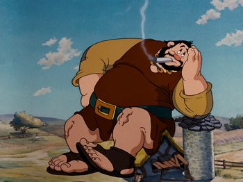 Movie still from “Brave Little Tailor” (1938), directed by Burt Gillett – An animated picture of a man in a brown outfit smoking a cigarette; Medium shot, Low angle