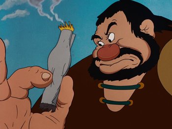 Movie still from “Brave Little Tailor” (1938), directed by Burt Gillett – An animated picture of a man smoking a cigarette; Close Up shot, Low angle