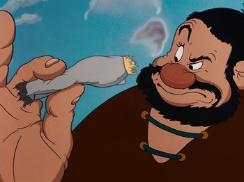 Movie still from “Brave Little Tailor” (1938), directed by Burt Gillett – An image of an animated character eating a burrito; Close Up shot, Low angle
