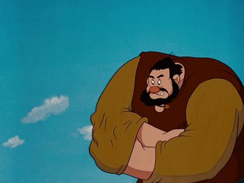 Movie still from “Brave Little Tailor” (1938), directed by Burt Gillett – An animated picture of a man with a beard; Medium shot, Low angle