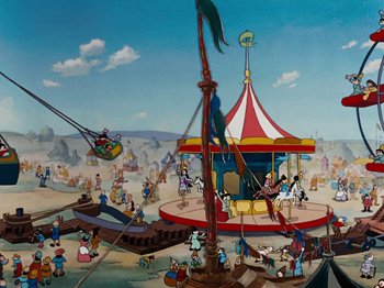 Movie still from “Brave Little Tailor” (1938), directed by Burt Gillett – An amusement park with a lot of people on it; Extreme Wide shot, High angle