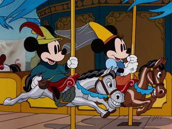 Movie still from “Brave Little Tailor” (1938), directed by Burt Gillett – Two mickey mouse characters riding on a merry go round; Wide shot, Low angle