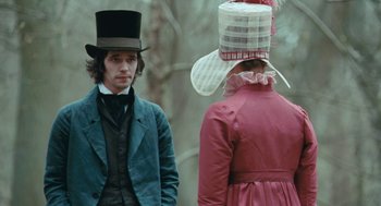Movie still from “Bright Star” (2009), directed by Jane Campion – A man and a woman in period clothing; Medium shot, Over the shoulder angle
