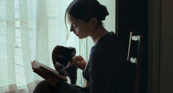 Movie still from “Bright Star” (2009), directed by Jane Campion – A woman sitting in front of a window with a black cat; Close Up shot, Over the shoulder angle