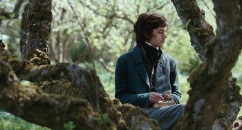 Movie still from “Bright Star” (2009), directed by Jane Campion – A man sitting on a tree branch in the woods; Medium shot, High angle