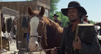 Movie still from “Buck and the Preacher” (1972), directed by Joseph Sargent – A man standing next to a brown horse; Medium shot, Low angle