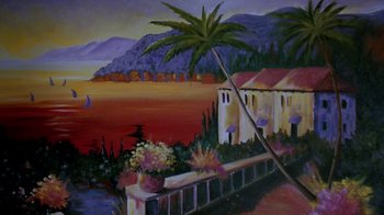 Movie still from “Bug” (2006), directed by William Friedkin – An oil painting of a house on the beach; Extreme Wide shot, Low angle