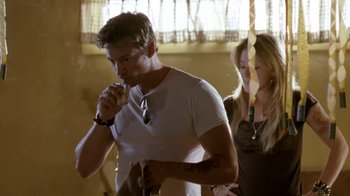 Movie still from “Bug” (2006), directed by William Friedkin – A man and a woman standing next to each other in a room; Medium shot, Over the shoulder angle