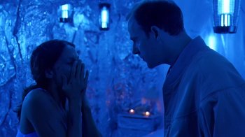 Movie still from “Bug” (2006), directed by William Friedkin – A man and a woman are looking at each other; Close Up shot, Over the shoulder angle