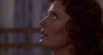 Movie still from “Bull Durham” (1988), directed by Ron Shelton – A person looking up at something; Close Up shot, Low angle