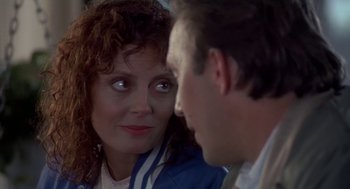 Movie still from “Bull Durham” (1988), directed by Ron Shelton – A man and a woman looking at one another; Close Up shot, Over the shoulder angle