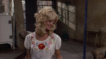 Movie still from “Butterflies Are Free” (1972), directed by Milton Katselas – A woman with blonde hair wearing a white shirt; Medium shot, Over the shoulder angle