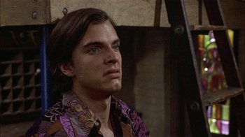 Movie still from “Butterflies Are Free” (1972), directed by Milton Katselas – A person with long hair; Close Up shot, Low angle