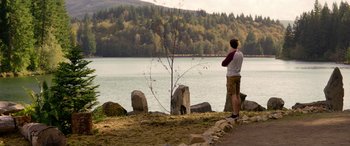 Movie still from “Cabin Fever” (2016), directed by Travis Zariwny – A man standing next to a body of water; Extreme Wide shot, Over the shoulder angle