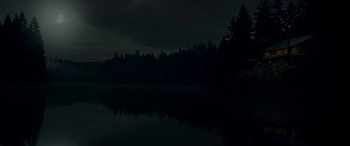 Movie still from “Cabin Fever” (2016), directed by Travis Zariwny – A body of water surrounded by trees at night time; Extreme Wide shot, Low angle